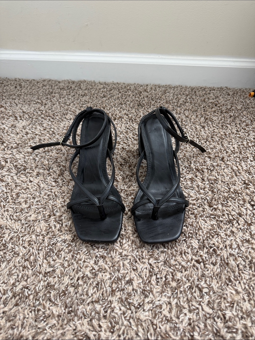Black Strappy Square-Toe Heeled Sandals